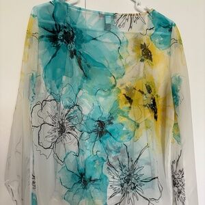 Alfani Sheer Blouse with Teal and Yellow Floral Design